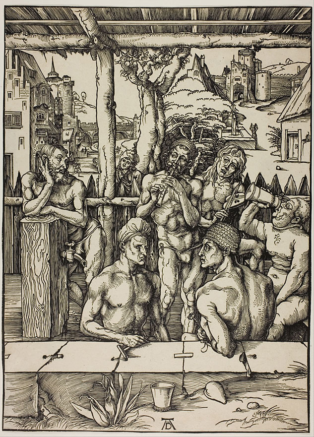 Hard to figure out who the buyer would be for Albrecht Dürer's Nuremburg Bath House, 1496. The bloggers here tell us: "It is believed that the figure in the center playing the flute is Dürer himself because he is bearded, with only a risqué codpiece covering his genitals. The two men in the foreground are believed to be the very sexually permissive, patrician (the ruling families of Nuremberg) Paümgartner brothers, Stephen and Lucas, who Dürer depicted in the Paümgartner Altar." Please note location of spigot near man's junk on upper left. We had to be subtle then.